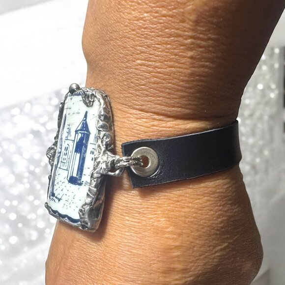 Blue Willow Nutcracker China Leather Bracelet With Silver Blend Bezel Artisanal - Picture 7 of 17